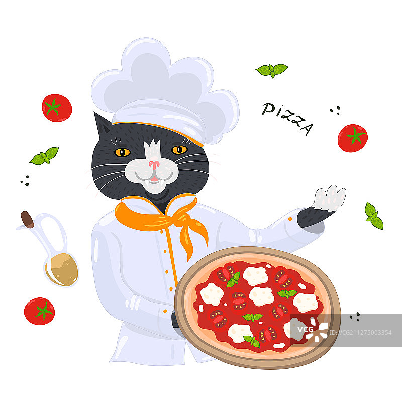 猫咪厨师和玛格丽特披萨图片素材