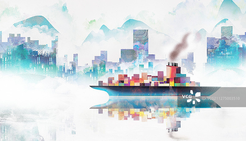 新中式货轮插画  城市剪影插画图片素材