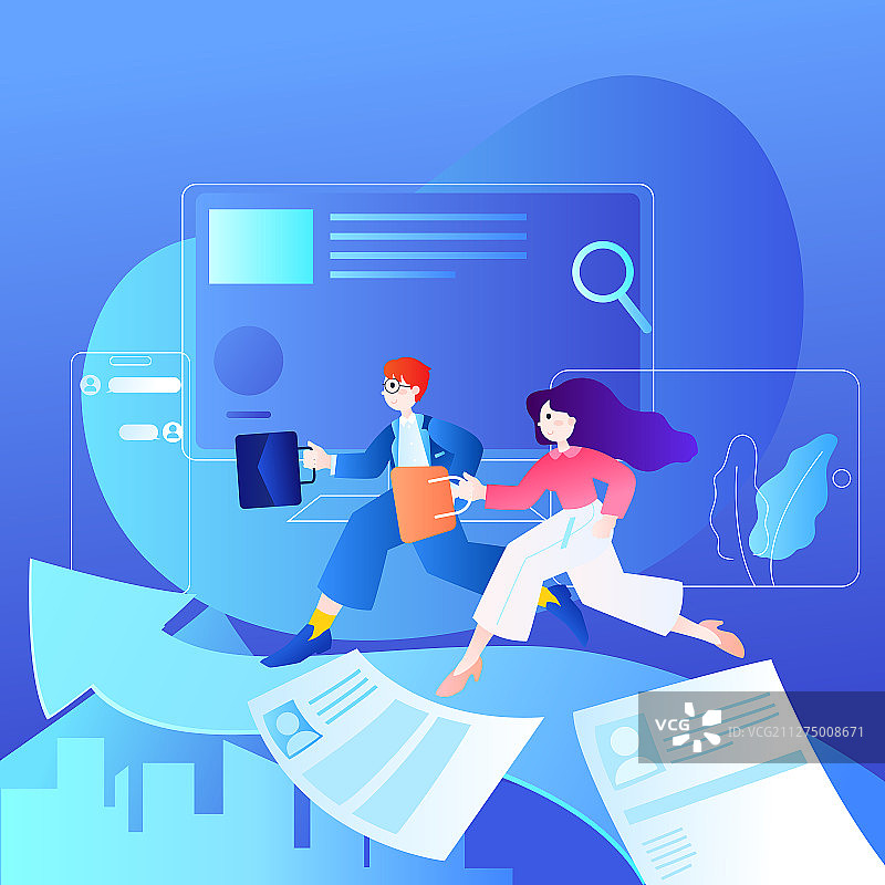 求职季在线网上找工作的男女白领插画图片素材