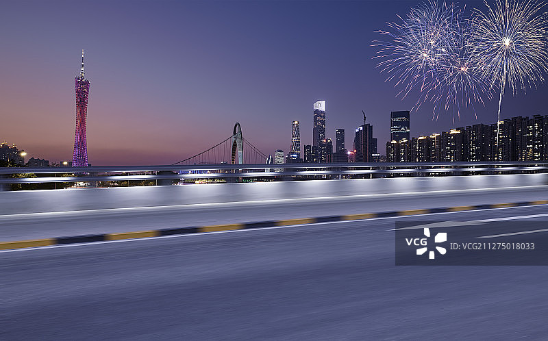 焰火下的广州地标建筑夜景和道路速度特效图片素材