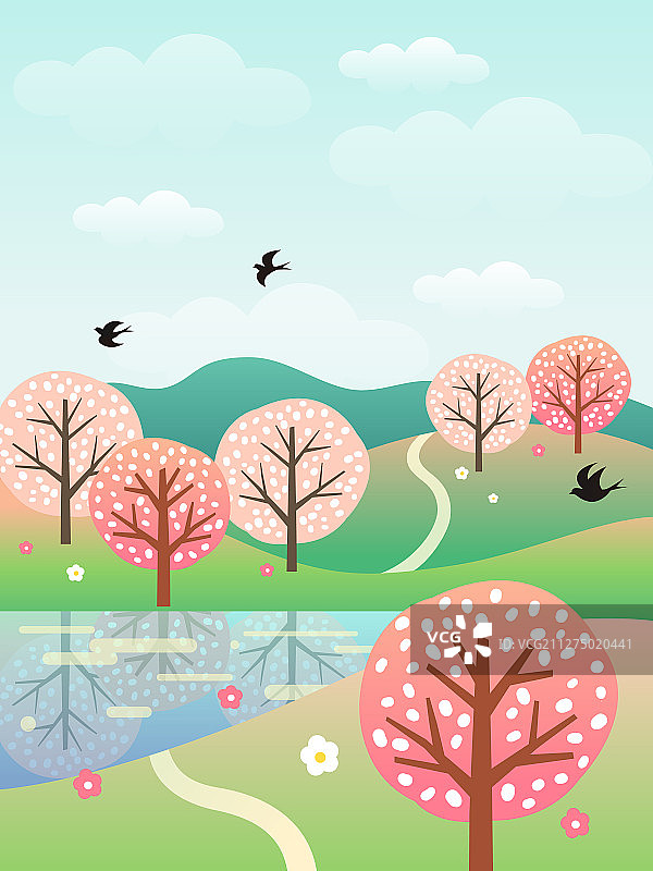 春天桃花山林湖水背景插画图片素材