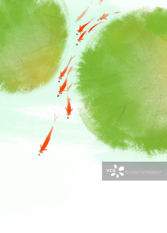 夏季睡莲金鱼水墨插画荷叶图片素材