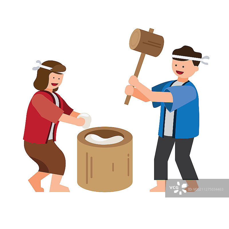 制作日式传统食物麻薯的人们扁平插画图片素材