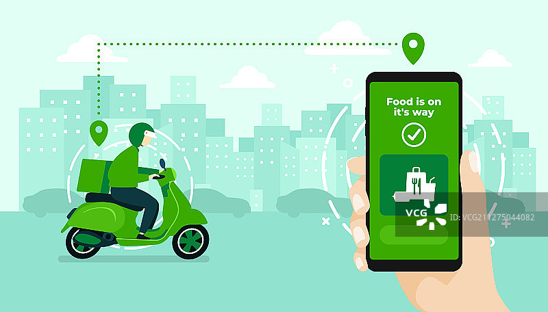 外卖服务摩托车与快递员图片素材