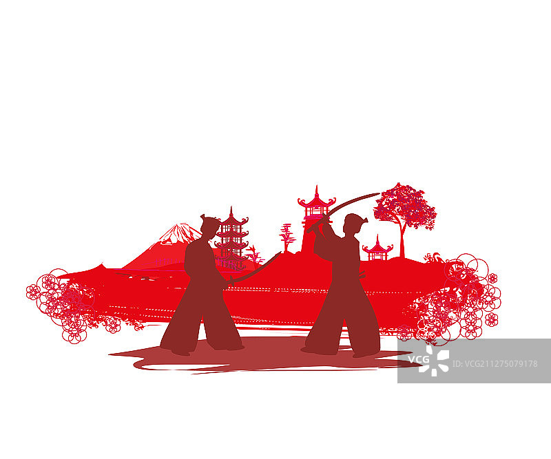 亚洲背景上的日本武士剪影图片素材