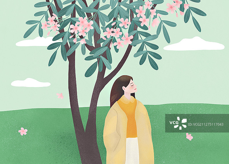 少女站在开花的夹竹桃树下的清新插画图片素材