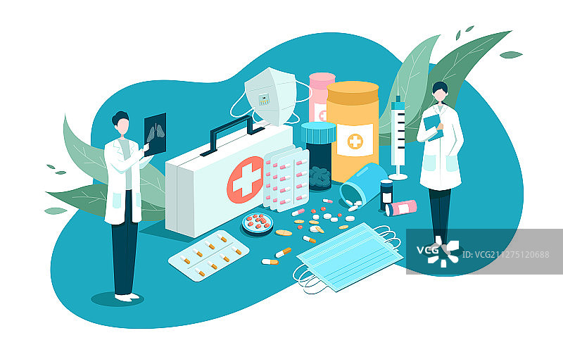 看肺部CT的医生和各种药物矢量插画图片素材