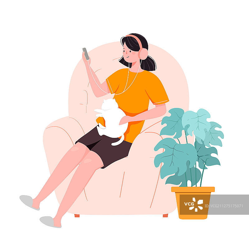 卡通购物电商促销在线教育听歌网课猫咪矢量插画图片素材