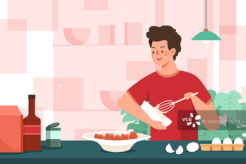 卡通男人厨师做饭烹饪厨艺厨房美食菜谱背景矢量插画图片素材