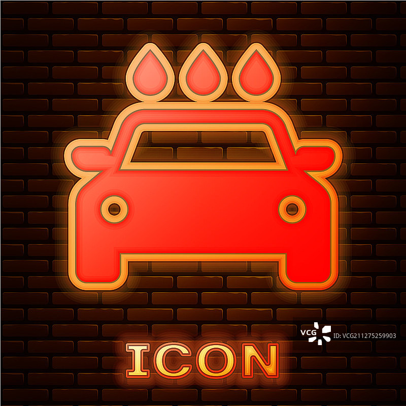 砖墙背景上的霓虹发光洗车图标图片素材