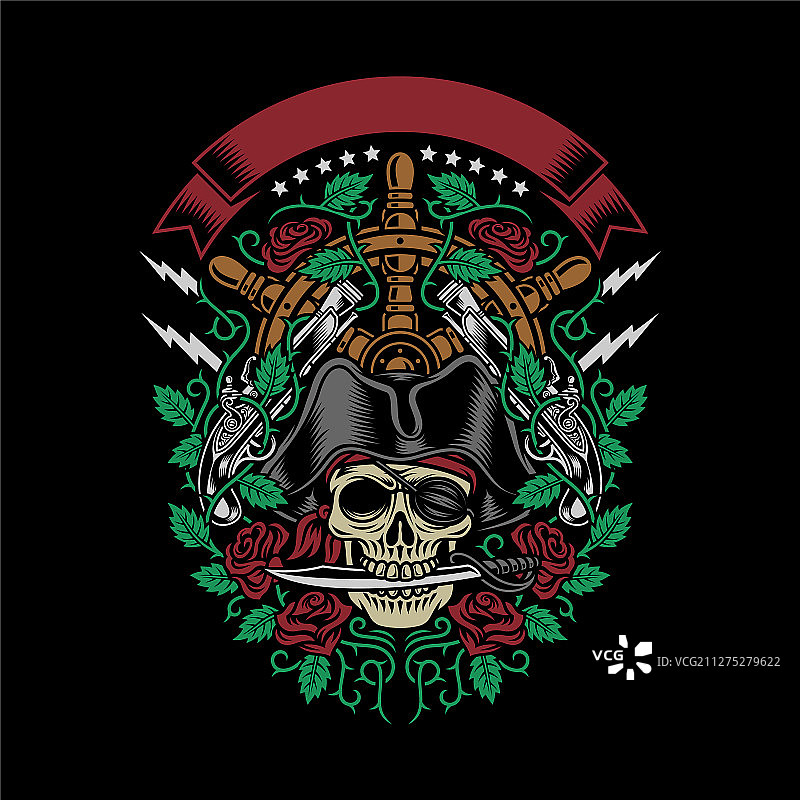 海盗骷髅口咬匕首与玫瑰和枪图片素材