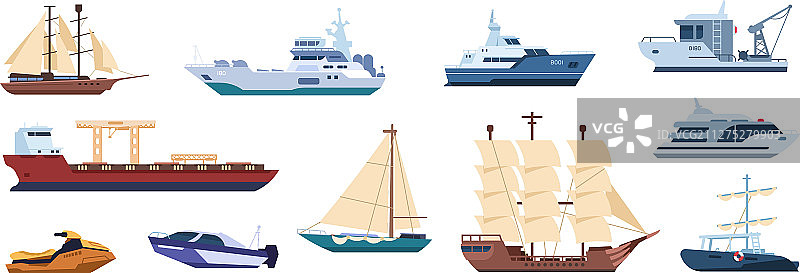 扁平风格航船、帆船和游艇图片素材