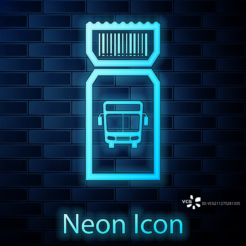 发光霓虹灯公交车票图标，砖墙背景图片素材