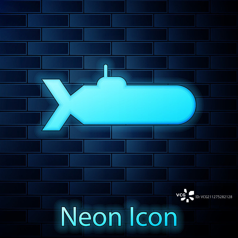 砖墙背景上的发光霓虹潜水艇图标图片素材