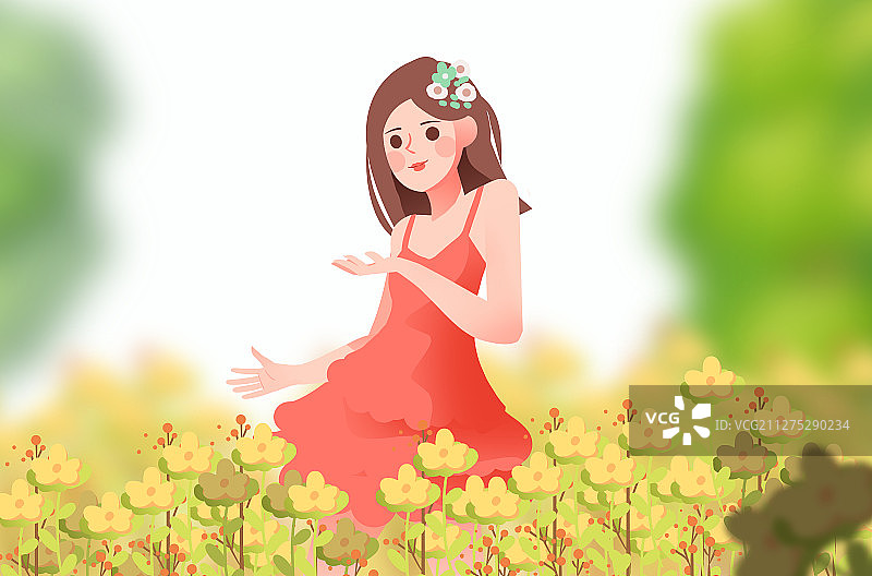 卡通手绘美女站在花海中插画图片素材