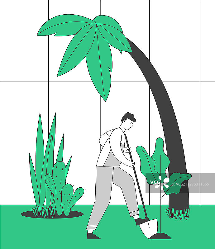 穿工装裤的农民在花园里挖土图片素材