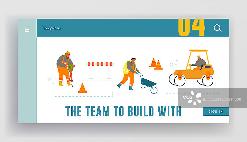 使用压路机进行道路维修网站登录页图片素材