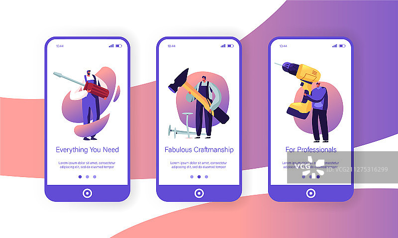 带有工具移动应用程序页面的男性角色图片素材