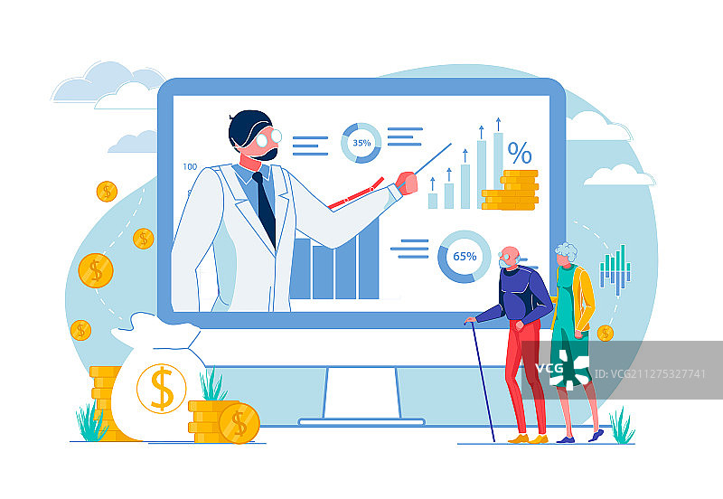 向老年人展示图表的男人图片素材