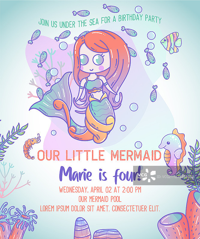 可爱的美人鱼与海洋生物派对卡通图片素材