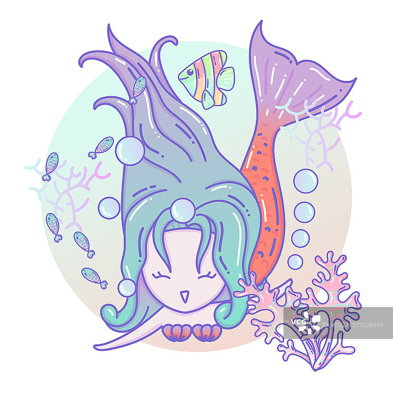 卡通可爱小美人鱼和海洋生物图片素材