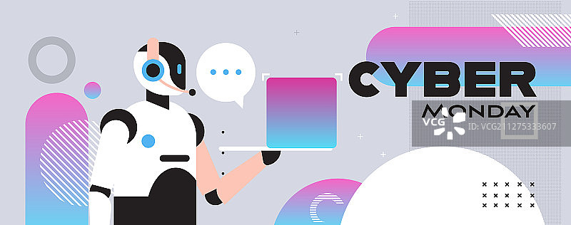 机器人操作员拿着笔记本电脑网络星期一促销图片素材