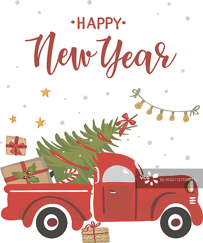 载着圣诞树的红色卡车图片素材