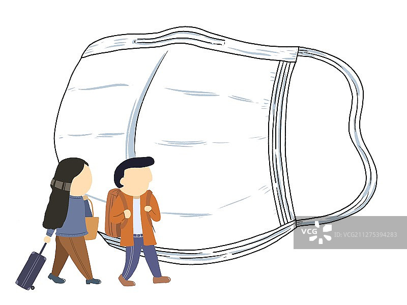 插画：扁平化口罩背包旅游人物图片素材