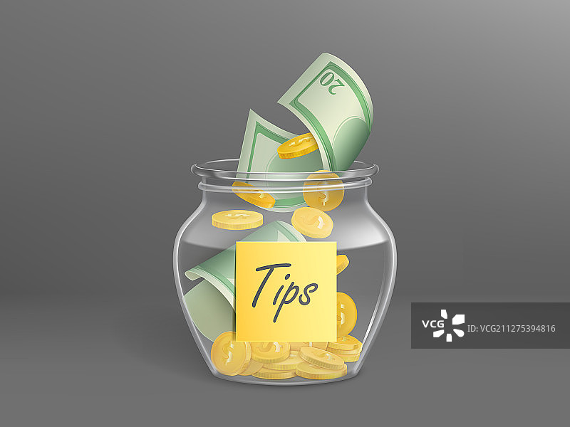 装满美元现金的玻璃小费箱图片素材