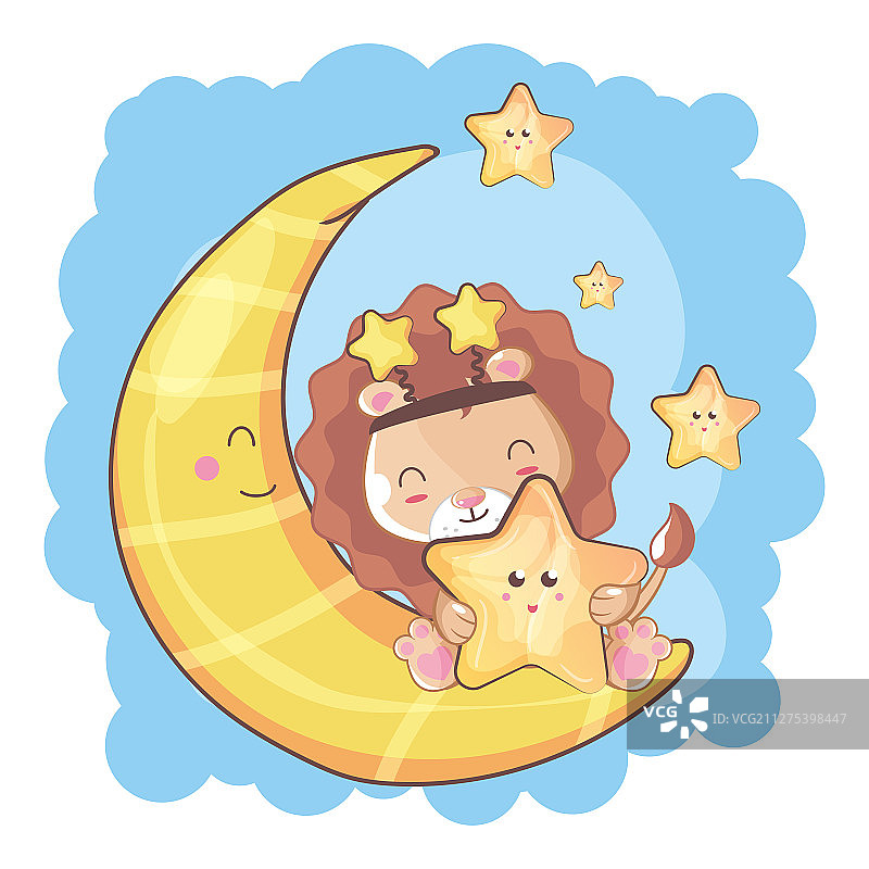 手绘可爱卡通狮子与月亮图片素材