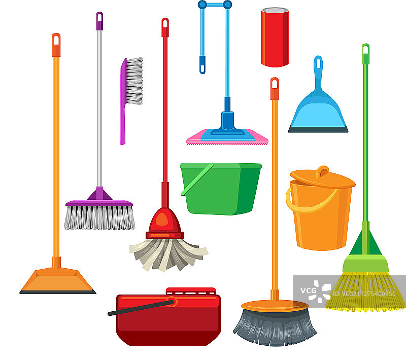 簸箕、扫帚和拖把清洁用品图片素材