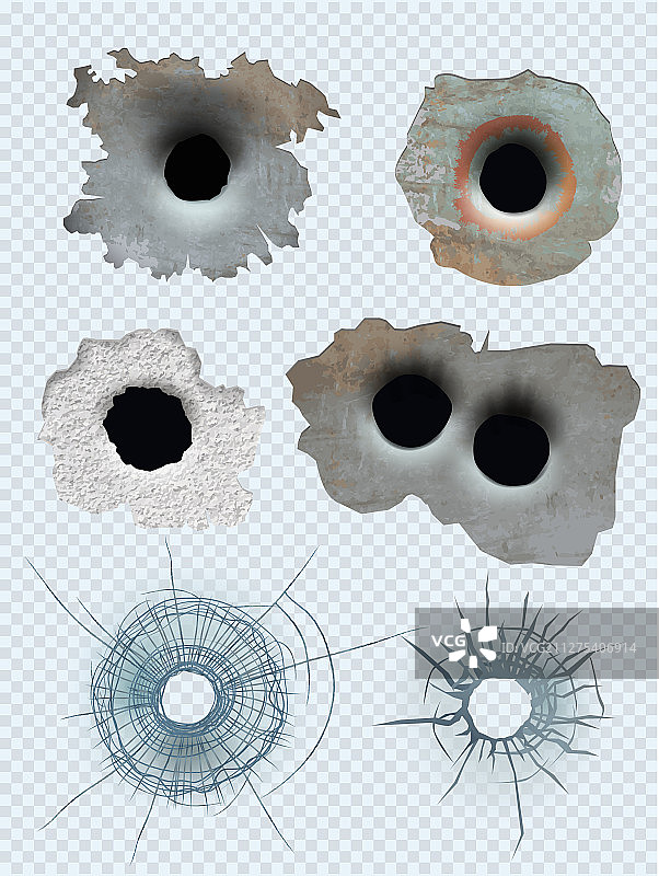 子弹穿透的圆形弹孔枪击痕迹图片素材