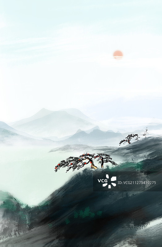 水彩风景画日出迎客松图片素材