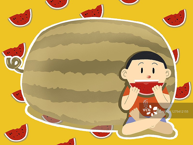 插画：夏天吃瓜的少年图片素材