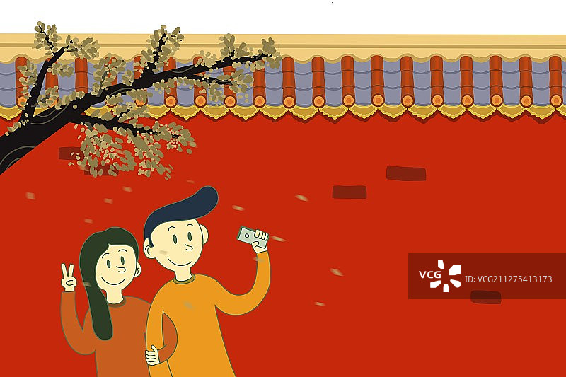 插画：春天在红城墙下自拍的情侣图片素材