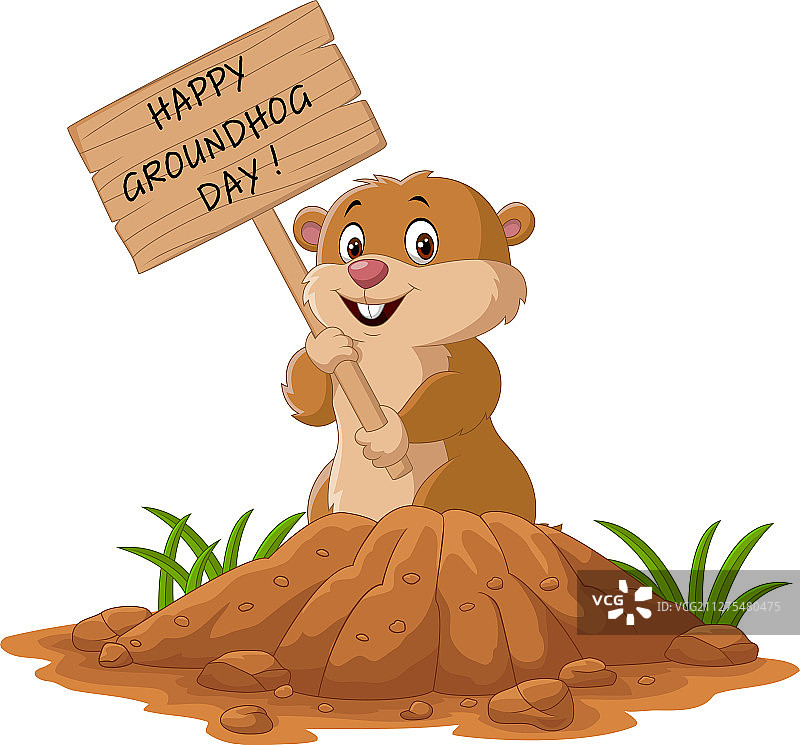 快乐的土拨鼠日：有趣的土拨鼠拿着木头图片素材