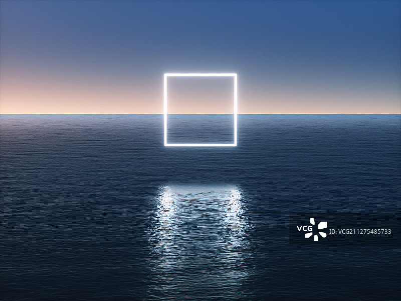黎明的海面上悬浮的白色发光几何体图片素材