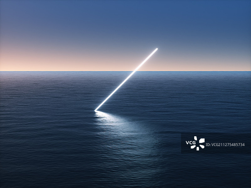 黎明的海面上悬浮的白色发光几何体图片素材