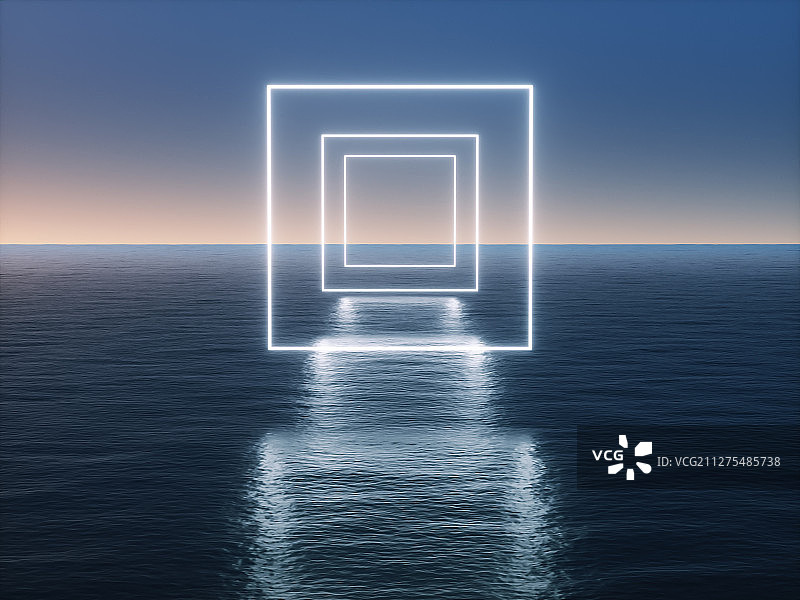 黎明的海面上悬浮的白色发光几何体图片素材