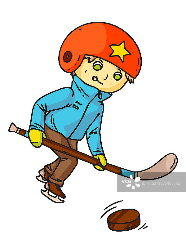 冰球运动员与球杆和冰球图片素材