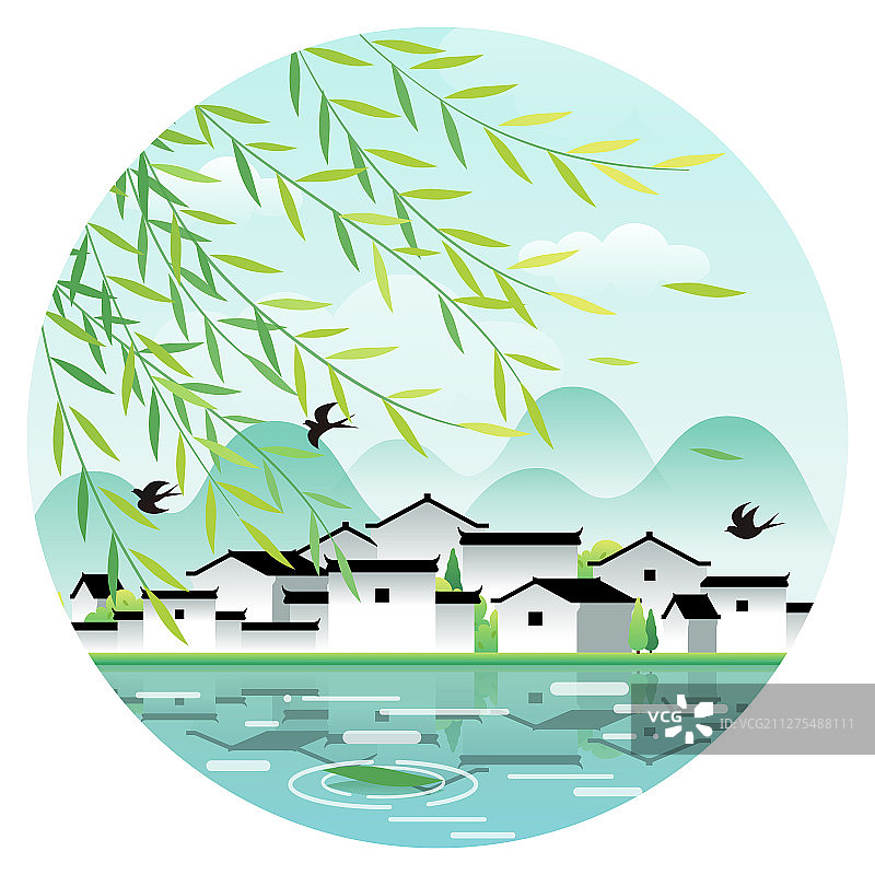 春天柳叶和湖水边的村庄图片素材