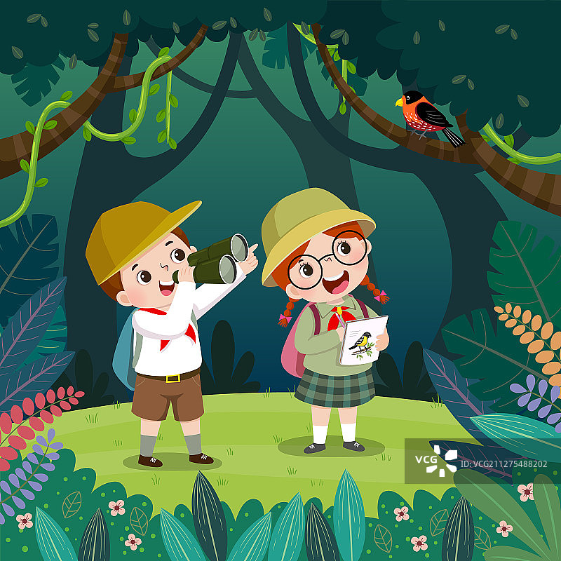 男孩和女孩用双筒望远镜观鸟图片素材