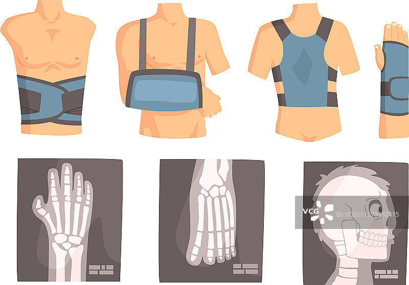 不同类型的绷带和X光片组合图片素材