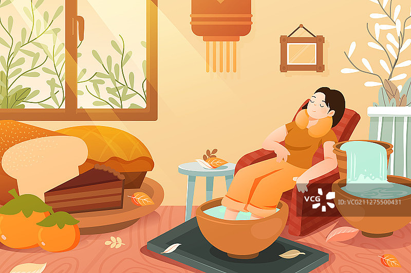 卡通女孩养生休闲午睡足浴洗脚餐桌茶道泡茶美食中国风矢量插画图片素材
