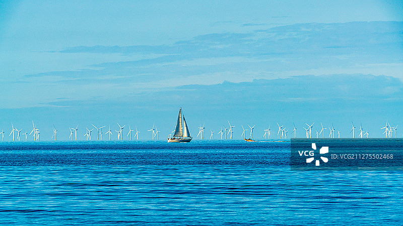 欧洲英国北威尔士兰迪德诺康威城海上风力发电户外风光图片素材