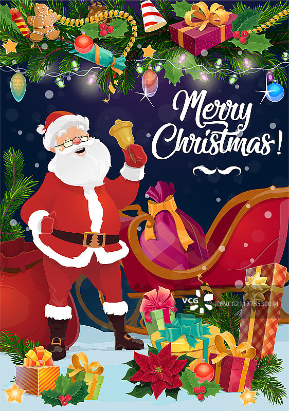 圣诞老人与圣诞雪橇、圣诞铃铛和礼物图片素材