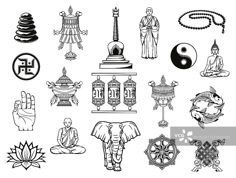 佛教宗教标志：佛、阴阳、莲花图片素材