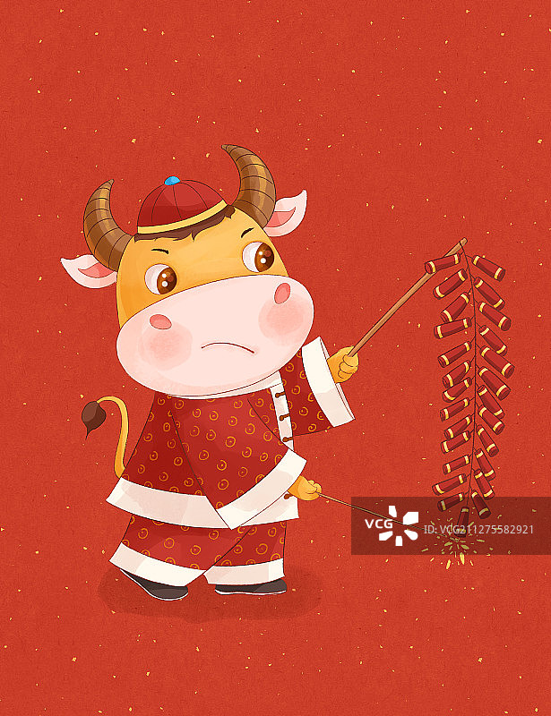 牛年可爱小牛点炮竹新年插画图片素材