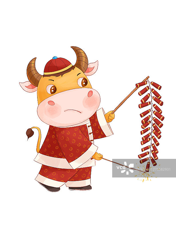 牛年可爱小牛点炮竹新年插画白底图片素材