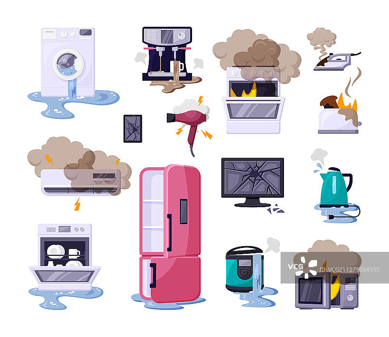损坏的家用电器（扁平风格）图片素材